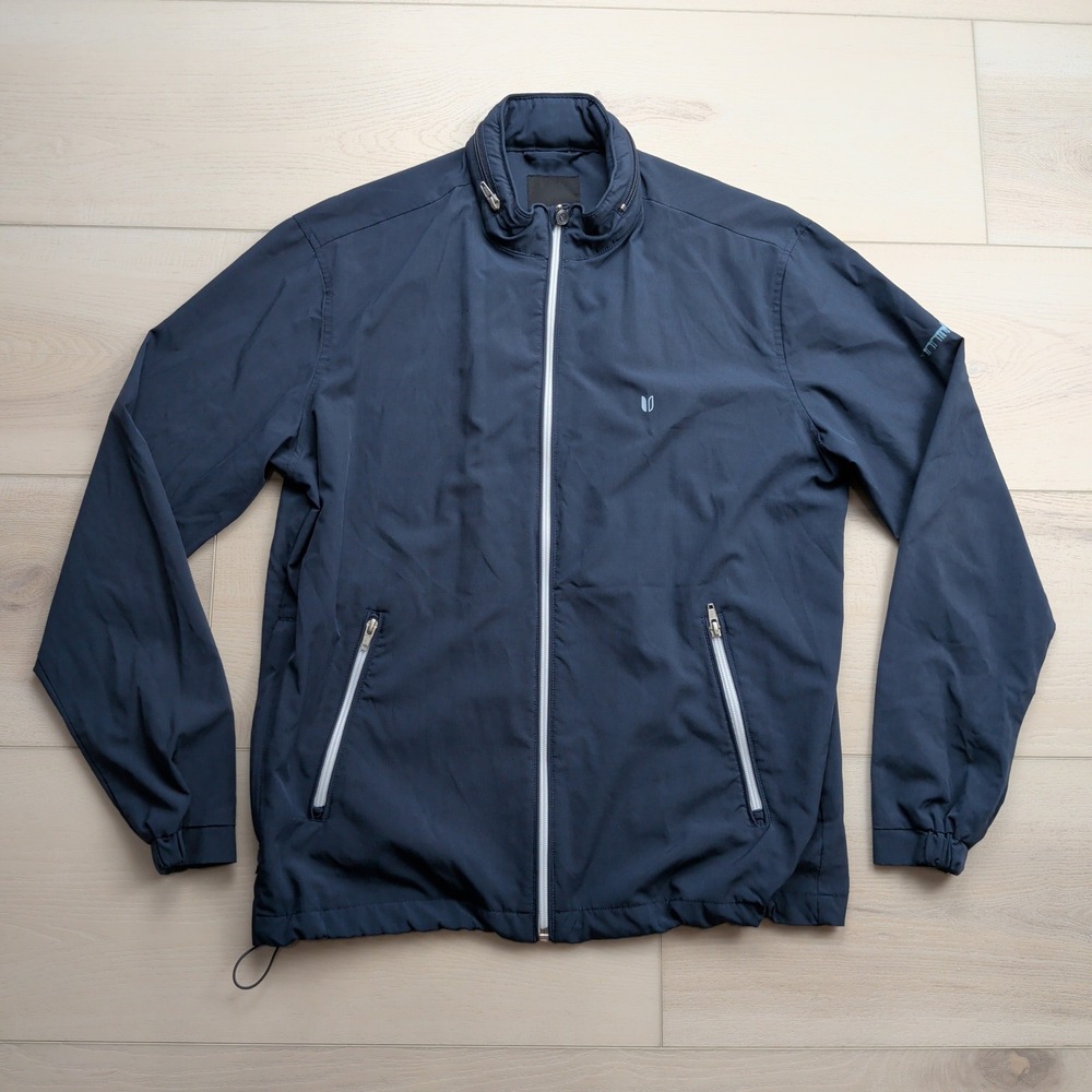 Linksoul Windbreaker Jacket Mens Small Navy Blue Full Zip Stowaway Hood Golf